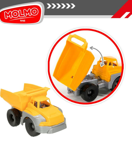 Colorbaby Bouwvoertuigen set with four colorful toy construction vehicles, including three parts, suitable for children's play.