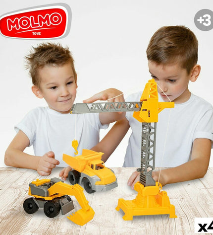 Colorbaby bouwvoertuigen speelgoed set with four colorful construction vehicles, including three different vehicle parts.