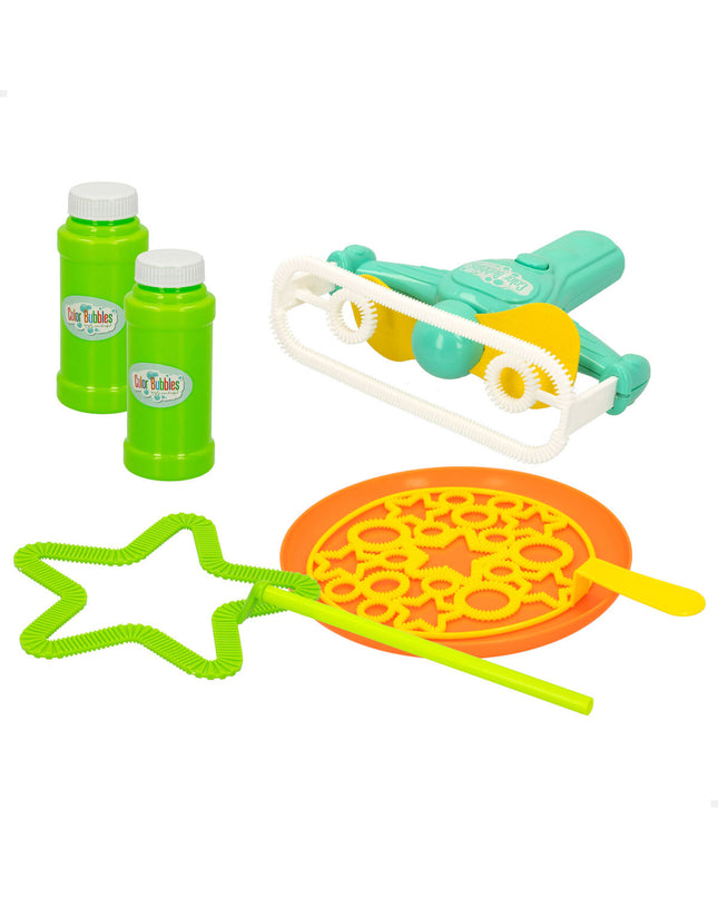 Colorbaby Bellenblaas spel set with six colorful bubble wands, ideal for outdoor play and fun in the open air.