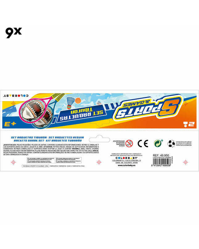 Colorbaby racquet set with six lightweight plastic tennis racquets, measuring 22x48x1.8 cm, suitable for outdoor play.