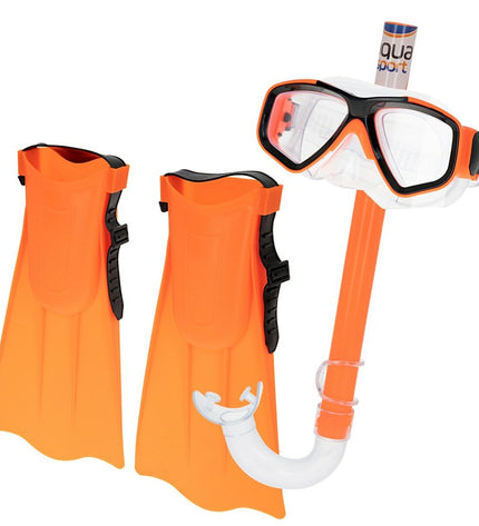 Set of six Colorbaby diving masks with snorkels and swimming fins for kids, suited for watersports and outdoor swimming activities.
