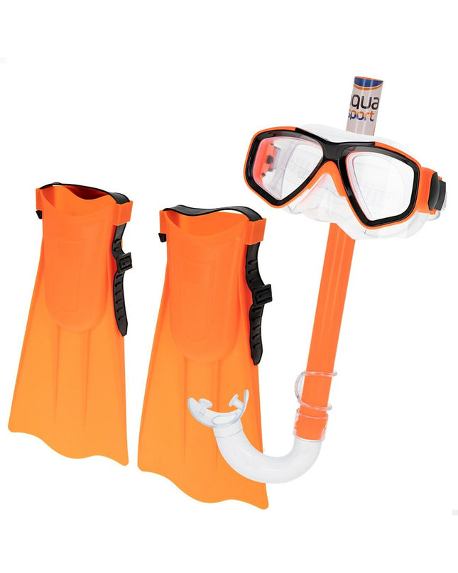 Set of six Colorbaby diving masks with snorkels and swimming fins for kids, suited for watersports and outdoor swimming activities.