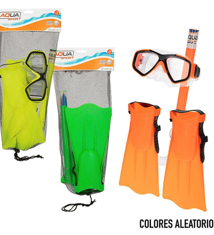 Six pairs of Colorbaby swim goggles, snorkel masks, and fins for kids, designed for water sports and outdoor swimming activities.