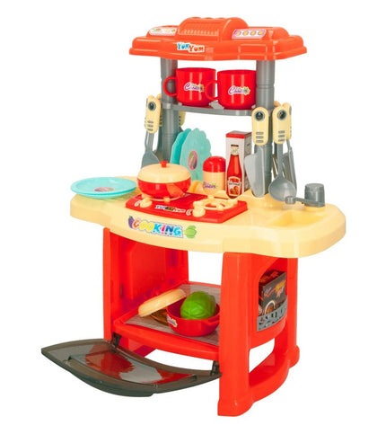 Colorbaby toy kitchen with 23 accessories, colorful play set measuring 37x47x23 cm, for imaginative role-playing activities.