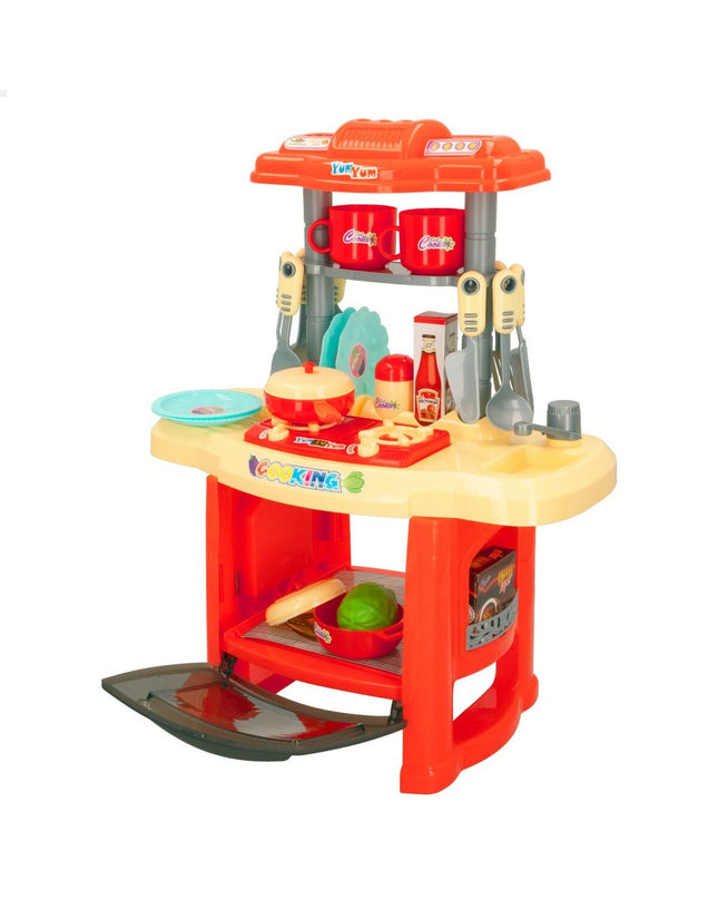 Colorbaby toy kitchen with 23 accessories, colorful play set measuring 37x47x23 cm, for imaginative role-playing activities.