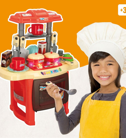 Colorbaby toy kitchen with 23 pieces, featuring colorful utensils and appliances, measuring 37x47x23 cm, for imaginative play.