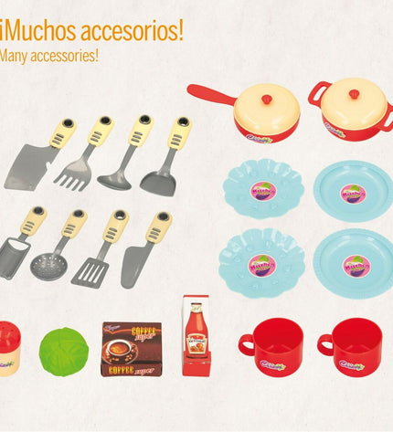 Colorbaby toy kitchen set with 23 accessories, realistic play kitchen measuring 37x47x23 cm for imaginative pretend play.