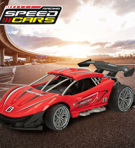 Six red Speed & Go remote-controlled police cars, 1:16 scale, measuring 22 x 7 x 11 cm, designed for children’s play.