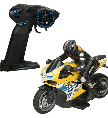 Two Speed & Go remote-controlled motorcycles in 1:10 scale, toy vehicles for kids, shown in red and black with detailed design.