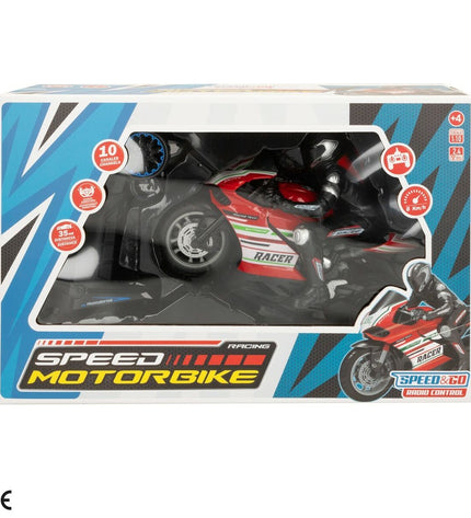 Two Speed & Go remote-controlled toy motorcycles at 1:10 scale, featuring detailed design and vibrant colors.