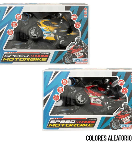 Two Speed & Go remote-controlled toy motorcycles in 1:10 scale, featuring detailed design and vibrant colors, perfect for play.