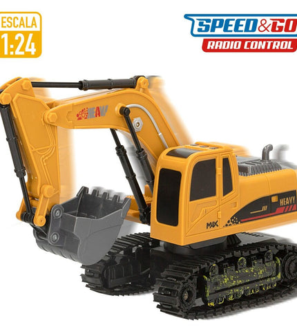 Set of four Speed & Go 1:24 radio-controlled excavator toy vehicles for play and collection in vibrant colors.
