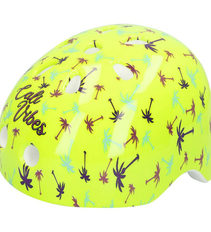 Set of four Colorbaby Neon Cali Vibes yellow kids' bicycle helmets for sport and outdoor cycling, featuring vibrant neon colors.