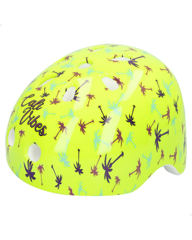 Set of four Colorbaby Neon Cali Vibes yellow kids' bicycle helmets for sport and outdoor cycling, featuring vibrant neon colors.