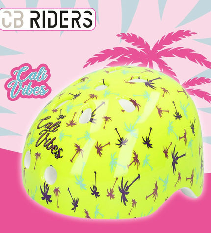 Colorbaby Neon Cali Vibes yellow bike helmets for kids, sporty outdoor riding helmets, set of four with vibrant colors.