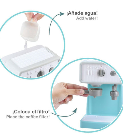 Two PlayGo toy espresso coffee machines, colorful playsets for pretend coffee making, designed for kids’ imaginative play.