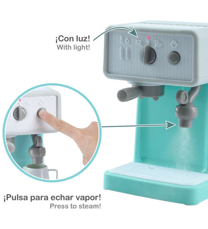 Two PlayGo espresso toy coffee machines for pretend play, realistic design in bright colors for children.