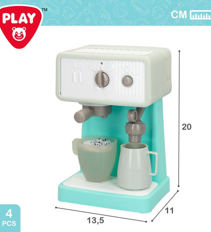 Two PlayGo toy espresso coffee machines for pretend play, detailed plastic toy set in bright colors for kids' imiteerspelletjes.