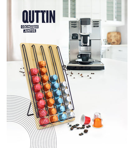 Quttin bamboo coffee capsule organizer holding 40 Koffiecapsules, 35x18x4 cm, for kitchen or coffee station storage.