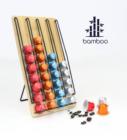 Quttin Bamboe coffee capsule organizer holding 40 capsules, brown bamboo finish, compact kitchen storage for coffee capsules.