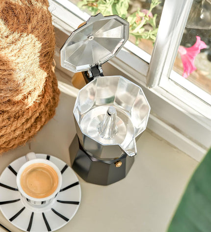 Set of six Quttin aluminium Italian coffee pots, 0.3 L each, for brewing espresso-style coffee in the kitchen.