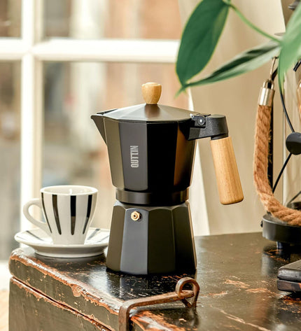 Set of six Quttin aluminium Italian coffee pots, 0.3L each, for brewing traditional espresso-style coffee in the kitchen.