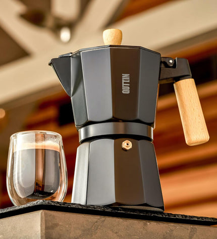 Six Quttin aluminium Italian coffee pots, 0.3L each, ideal for brewing espresso-style coffee in the kitchen.