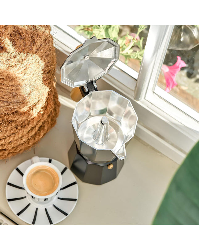 Six Quttin aluminium Italian coffee pots, 0.45L, for making espresso, shown stacked with handles and spouts visible.