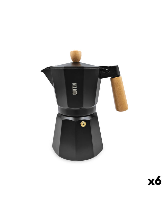Quttin Italiaanse koffiepot in aluminium, 0.6 L, perfect for brewing espresso-style coffee, displayed in a set of six.