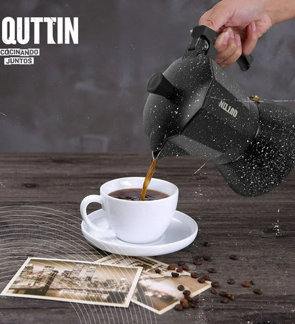 Set of six Quttin aluminium Italian coffee pots, 0.3L each, used for brewing traditional espresso-style coffee.