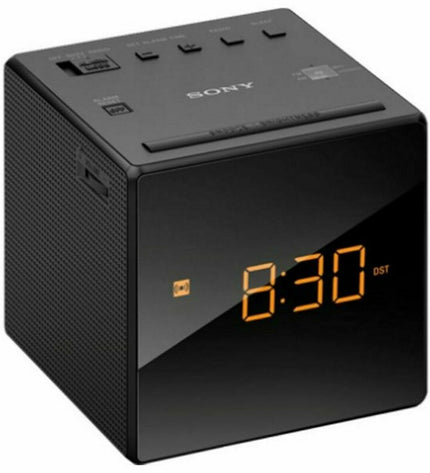 Sony ICFC1B.CED radio alarm clock with digital display, buttons, and sleek black design for electronic and audio use.
