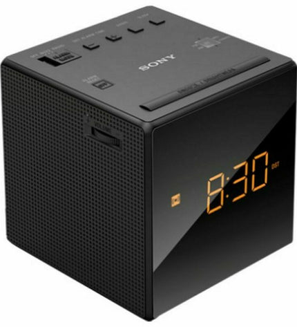 Sony ICFC1B.CED radio alarm clock showing digital display, buttons, and sleek black design for electronic audio and alarm functions.