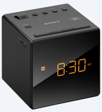 Sony ICFC1B.CED radio alarm clock showing digital display and control buttons in a sleek black design.