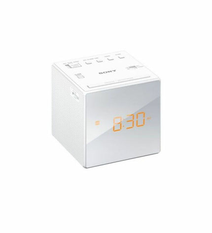 Sony ICFC1W LED radio alarm clock with white digital display, compact electronic audio device with built-in alarm and radio functions.