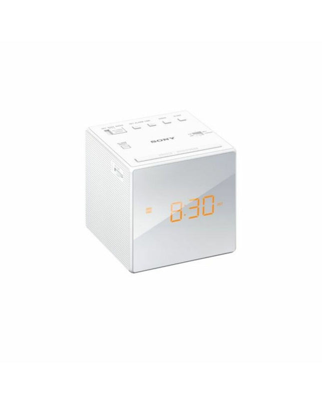 Sony ICFC1W LED radio alarm clock with white digital display, compact electronic audio device with built-in alarm and radio functions.