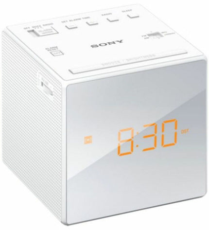 Sony ICFC1W LED radio alarm clock in white with digital display and control buttons on top.