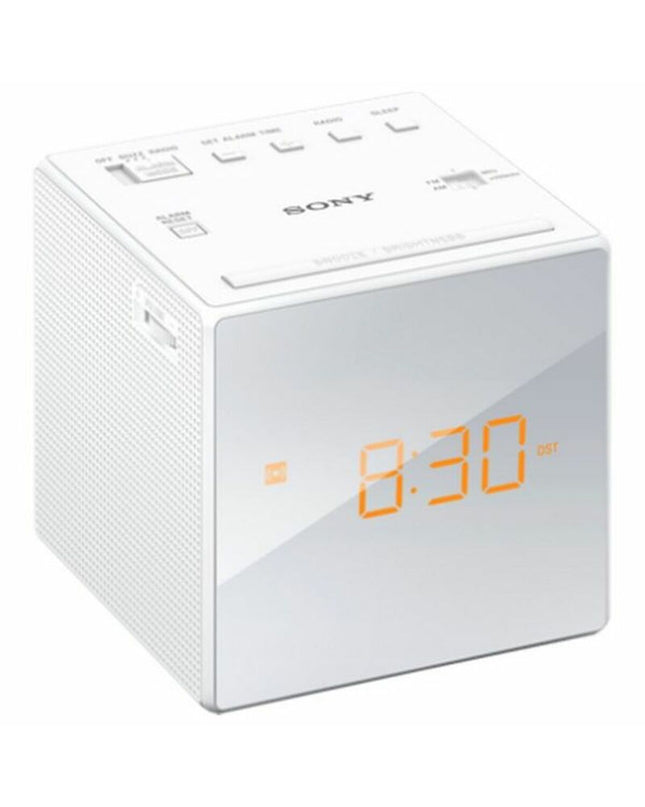 Sony ICFC1W LED radio alarm clock in white with digital display and control buttons on top.