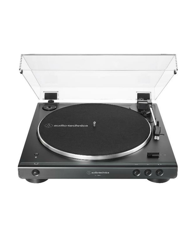 Audio-Technica Iberia AT-LP60XBK turntable in black, showcasing the sleek design and tonearm in an electronics and audio equipment image.