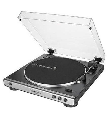 Audio-Technica AT-LP60XUSBGM turntable with built-in speakers and USB output, showcasing a sleek black and blue design.