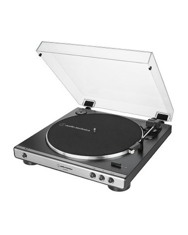 Audio-Technica AT-LP60XUSBGM turntable with built-in speakers and USB output, showcasing a sleek black and blue design.