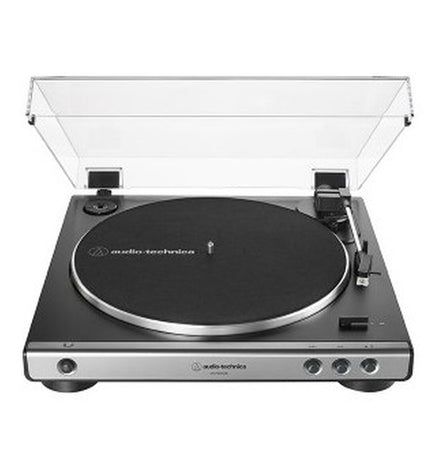 Audio-Technica AT-LP60XUSBGM turntable with black finish, showing the record platter, tonearm, and control panel.