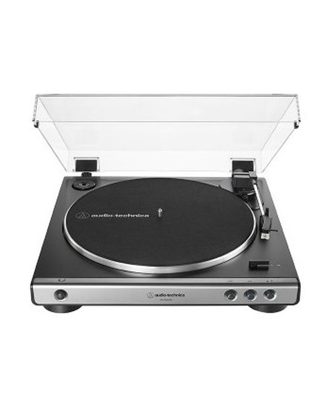 Audio-Technica AT-LP60XUSBGM turntable with black finish, showing the record platter, tonearm, and control panel.