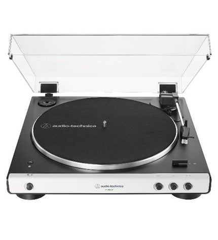 Audio-Technica Iberia AT-LP60XBTWH turntable with white finish, featuring tonearm, platter, and control buttons for high-quality audio playback.