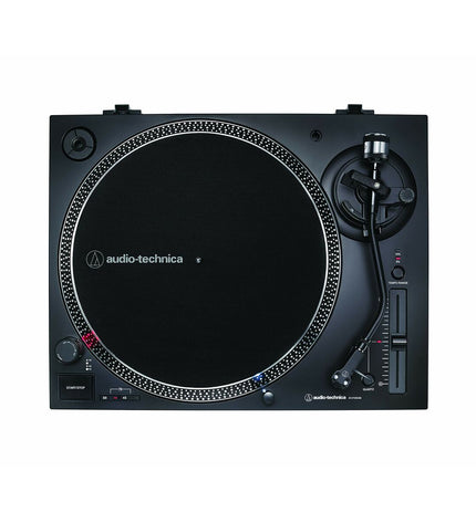 Audio-Technica AT-LP120XUSB turntable with black finish, featuring tonearm, platter, and control knobs for vinyl record playback.