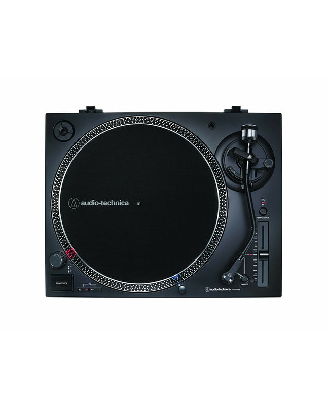 Audio-Technica AT-LP120XUSB turntable with black finish, featuring tonearm, platter, and control knobs for vinyl record playback.