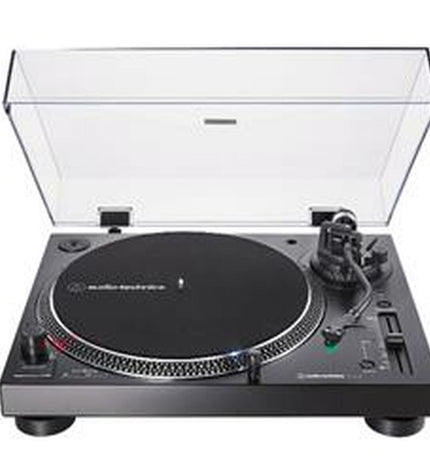 Audio-Technica AT-LP120XUSBBK turntable with black finish, featuring tonearm, platter, and control knobs for high-quality vinyl playback.