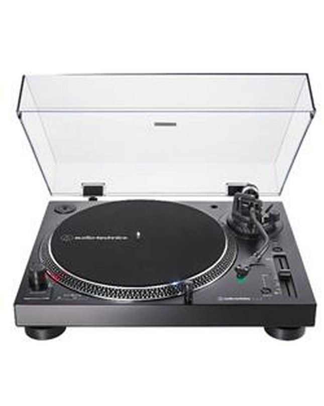 Audio-Technica AT-LP120XUSBBK turntable with black finish, featuring tonearm, platter, and control knobs for high-quality vinyl playback.