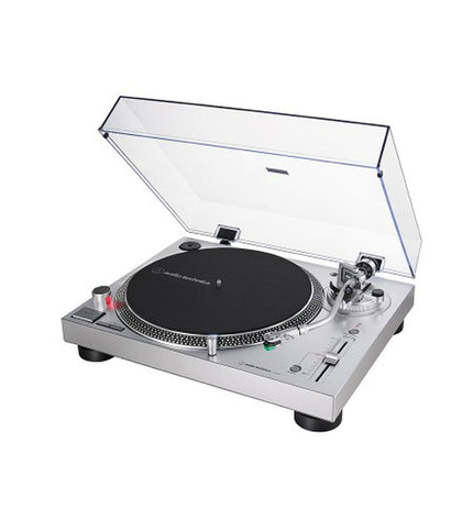 Audio-Technica Iberia AT-LP120XUSBSV silver turntable with tonearm and control buttons, showcasing its sleek design.