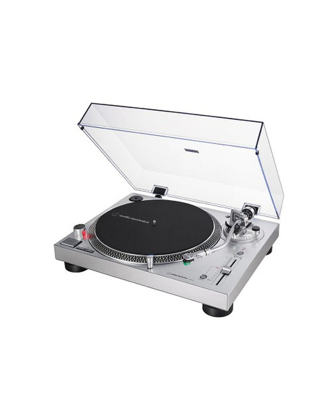 Audio-Technica Iberia AT-LP120XUSBSV silver turntable with tonearm and control buttons, showcasing its sleek design.