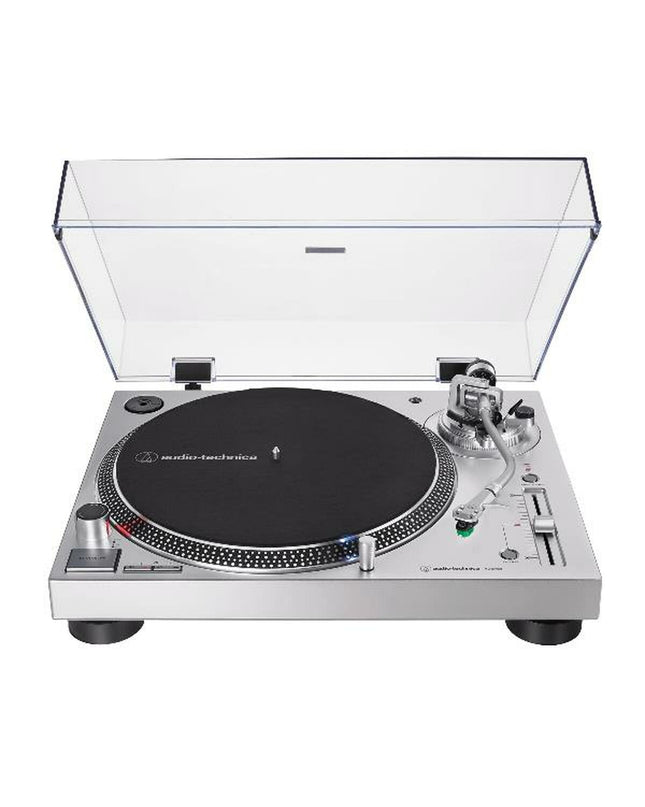 Audio-Technica Iberia AT-LP120XUSBSV turntable in silver with tonearm and control knobs, part of high-fidelity audio equipment.